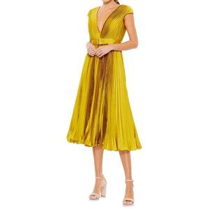 Ieena For Mac Duggal Size 14 Gold Pleated Midi Dress With Belt Satin